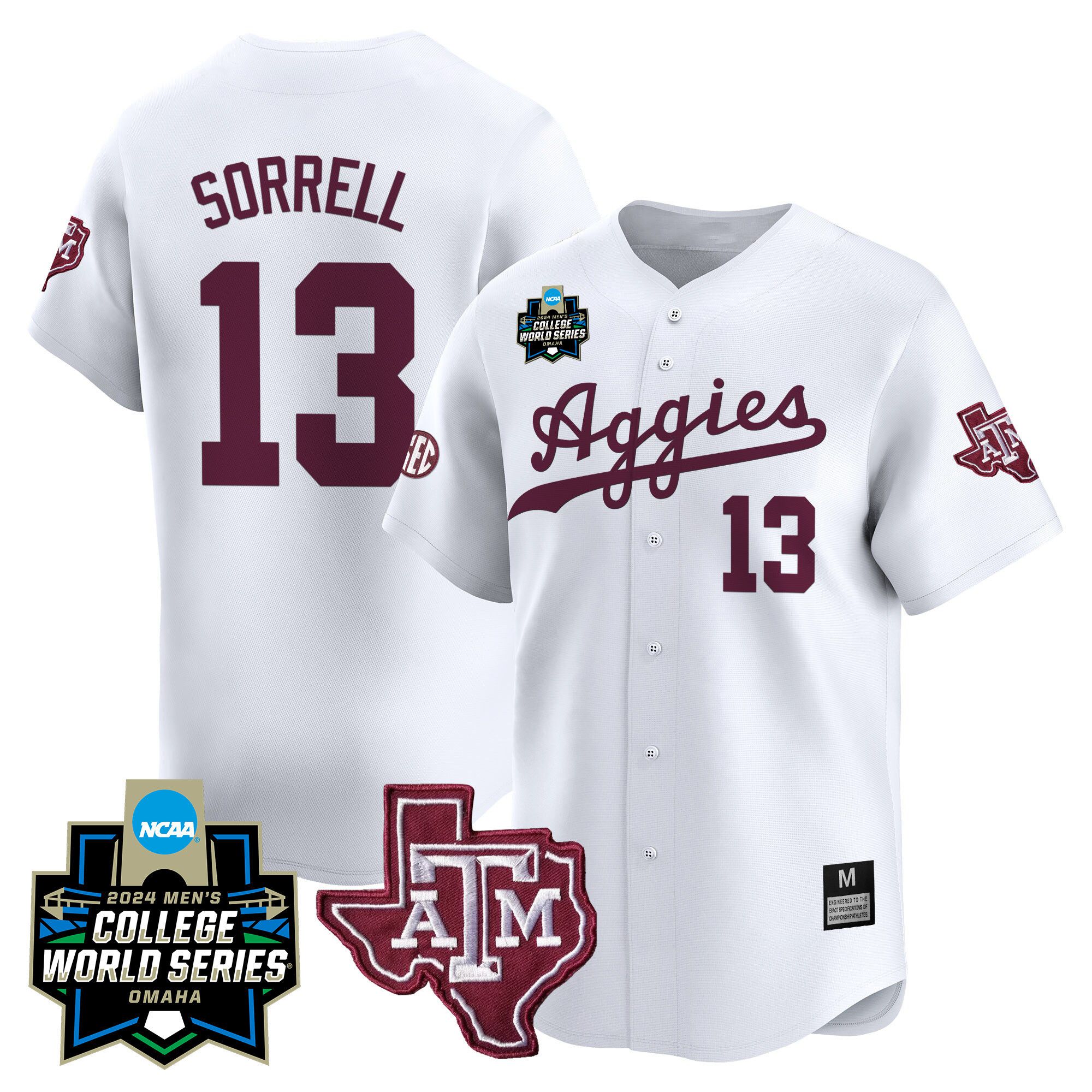 Men Texas A&M Aggies 13 Sorrell White 2024 College World Series Vapor Premier Limited NCAA Jersey